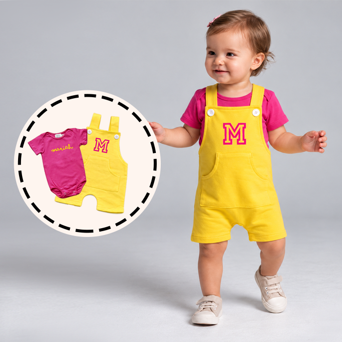 Conjunto de Bebê Personalizado | Jardineira Amarela + Body Rosa