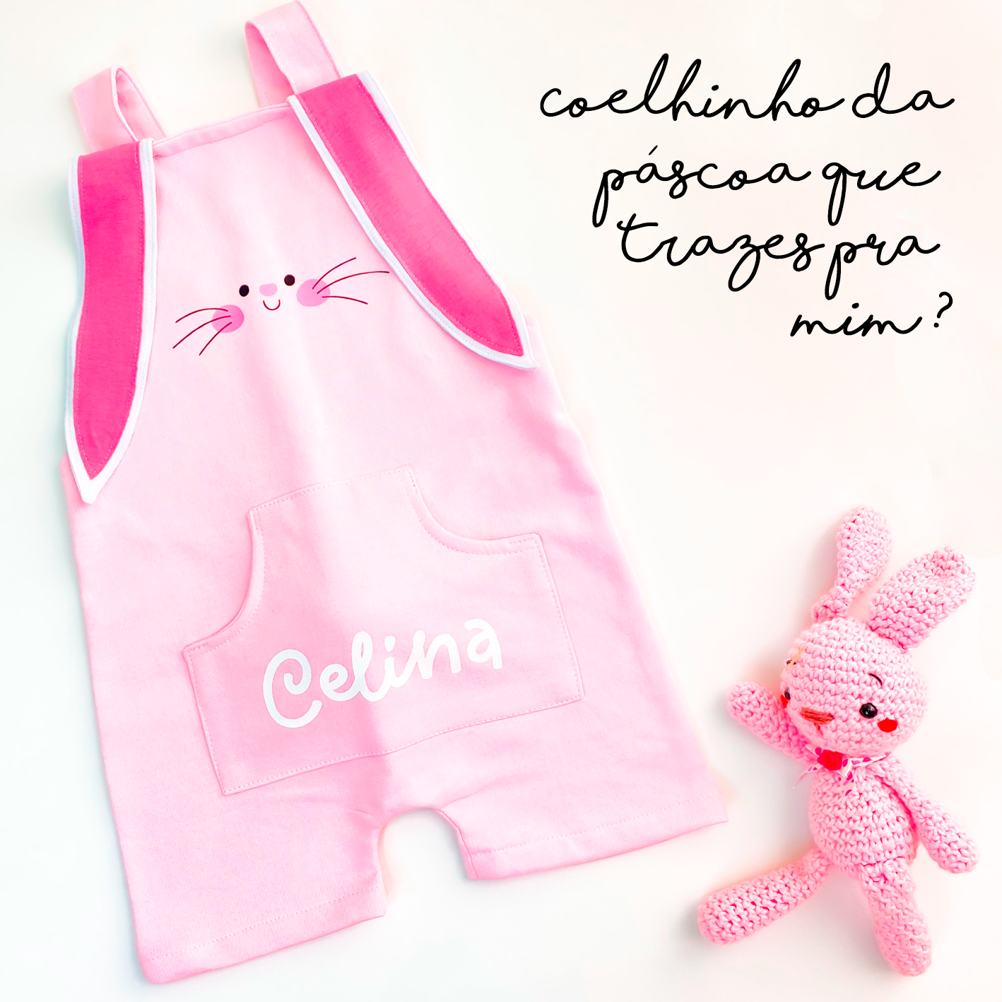Jardineira Rosa Personalizada - Coelho Bunny com Nome