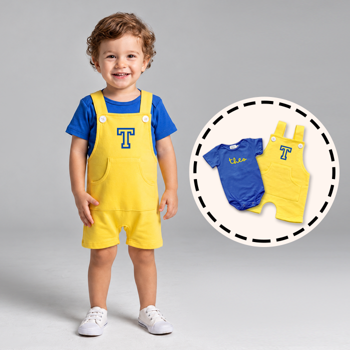 Conjunto de Bebê Personalizado | Jardineira Amarela + Body Azul
