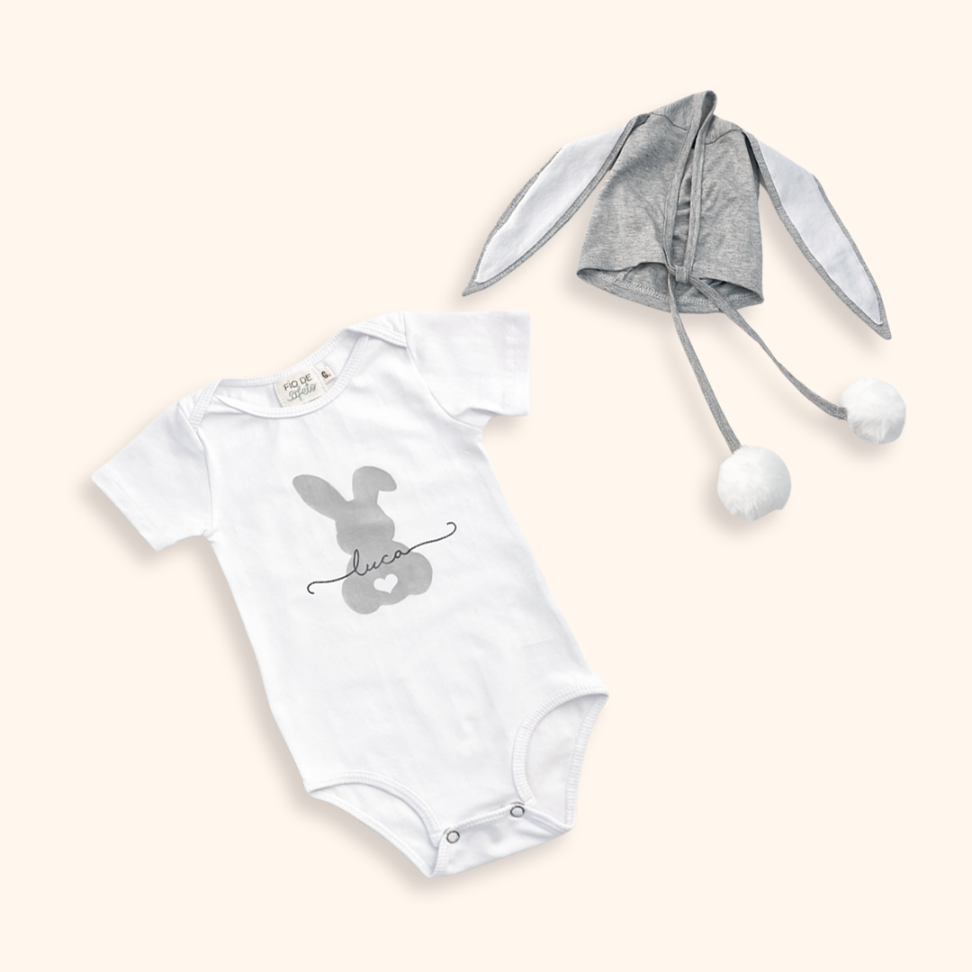 Kit Coelhinho Cinza - Body de Bebê + Touca