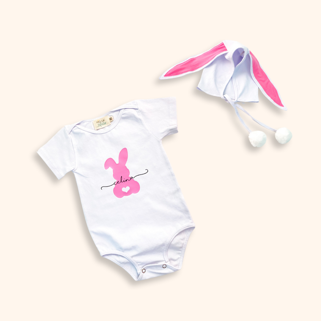 Kit Coelhinho Rosa - Body de Bebê + Touca