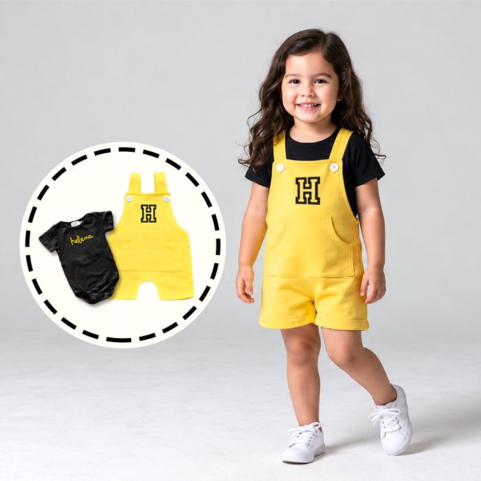 Conjunto de Bebê Personalizado | Jardineira Amarela + Body Preto