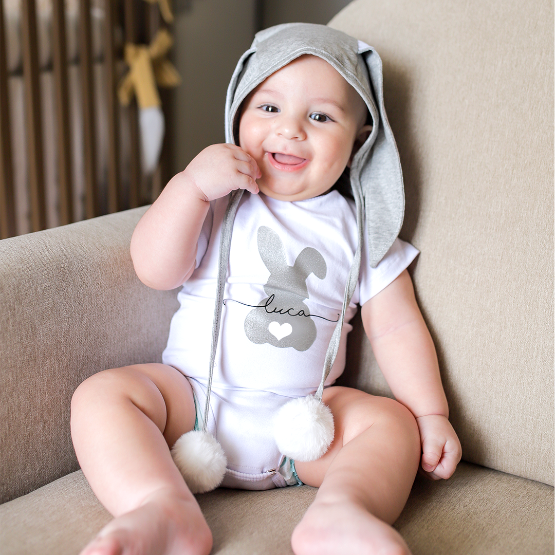 Kit Coelhinho Cinza - Body de Bebê + Touca