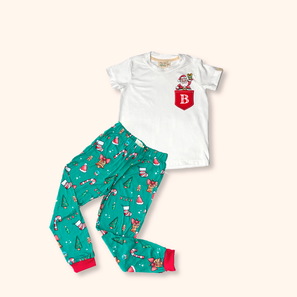 Pijama Infantil Natal Off Listras Verdes - Bolsinho