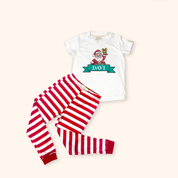 Pijama Infantil Natal Off Listras Vermelhas (Calça / Shorts)