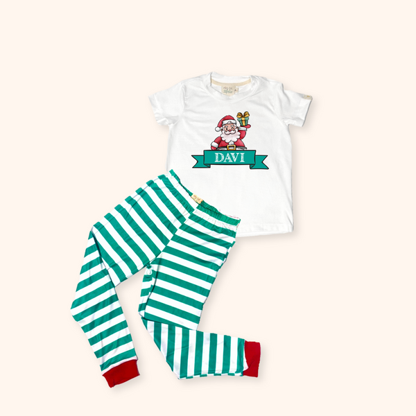 Pijama Infantil Natal Off Listras Verdes