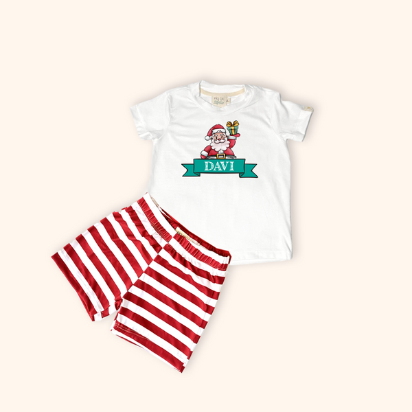 Pijama Infantil Natal Off Listras Vermelhas (Calça / Shorts)