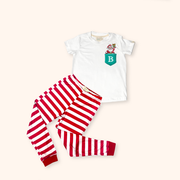 Pijama Infantil Natal Off Listras Vermelhas  - Bolsinho (Calça / Shorts)