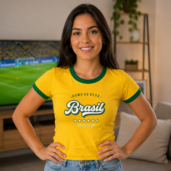 Camisa Baby Look - Brasil Rumo ao Hexa | Copa do Mundo 2026