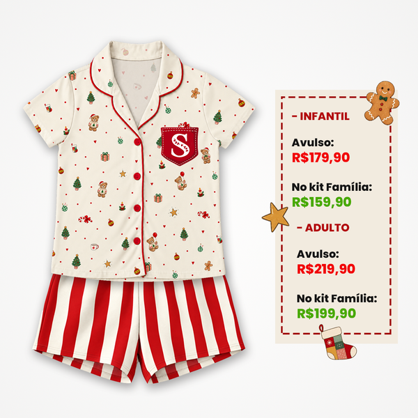 Pijama Inglês Ursinho com shorts Listras, a combinação favorita