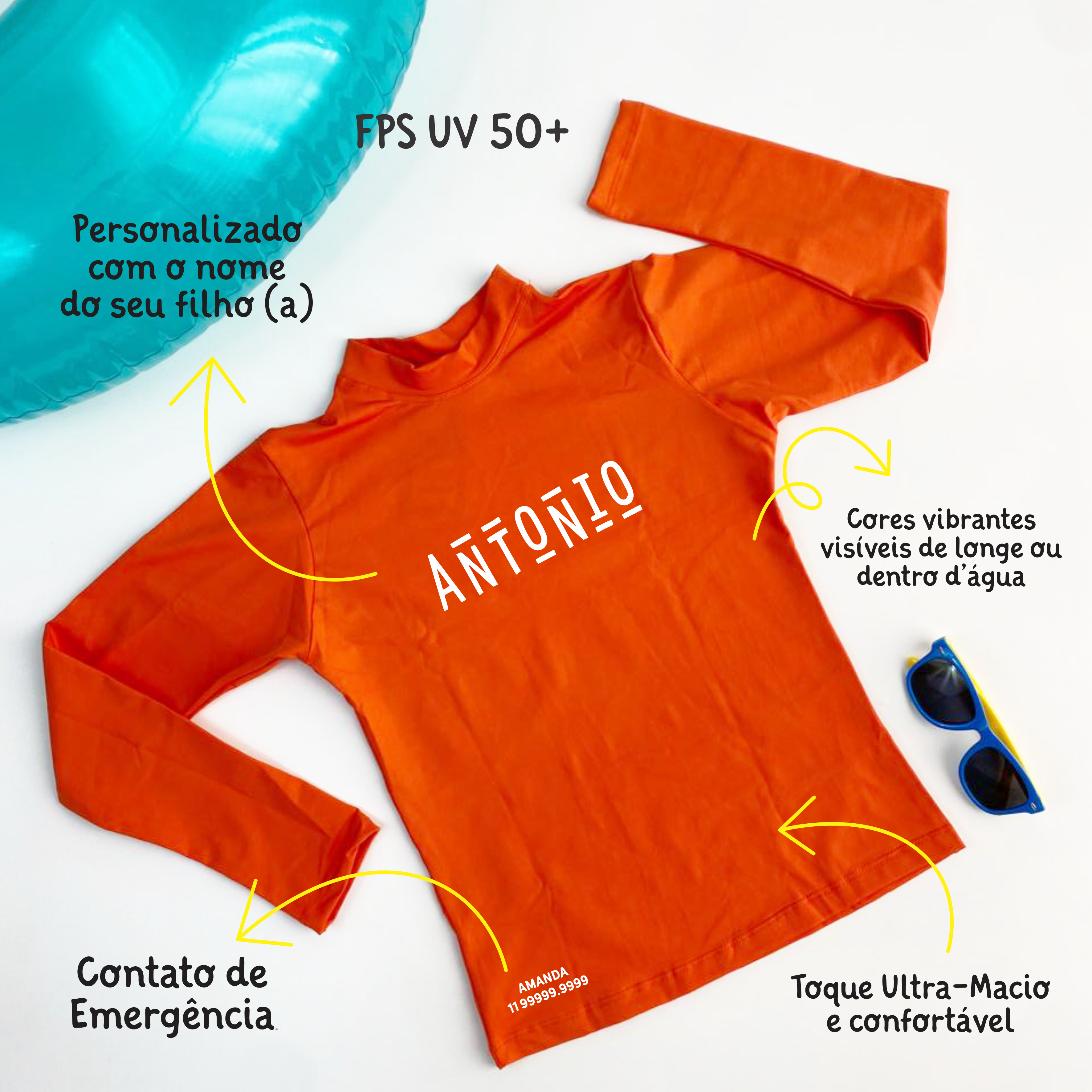 Camisa UV Laranja Personalizada - De 0 a 16 anos