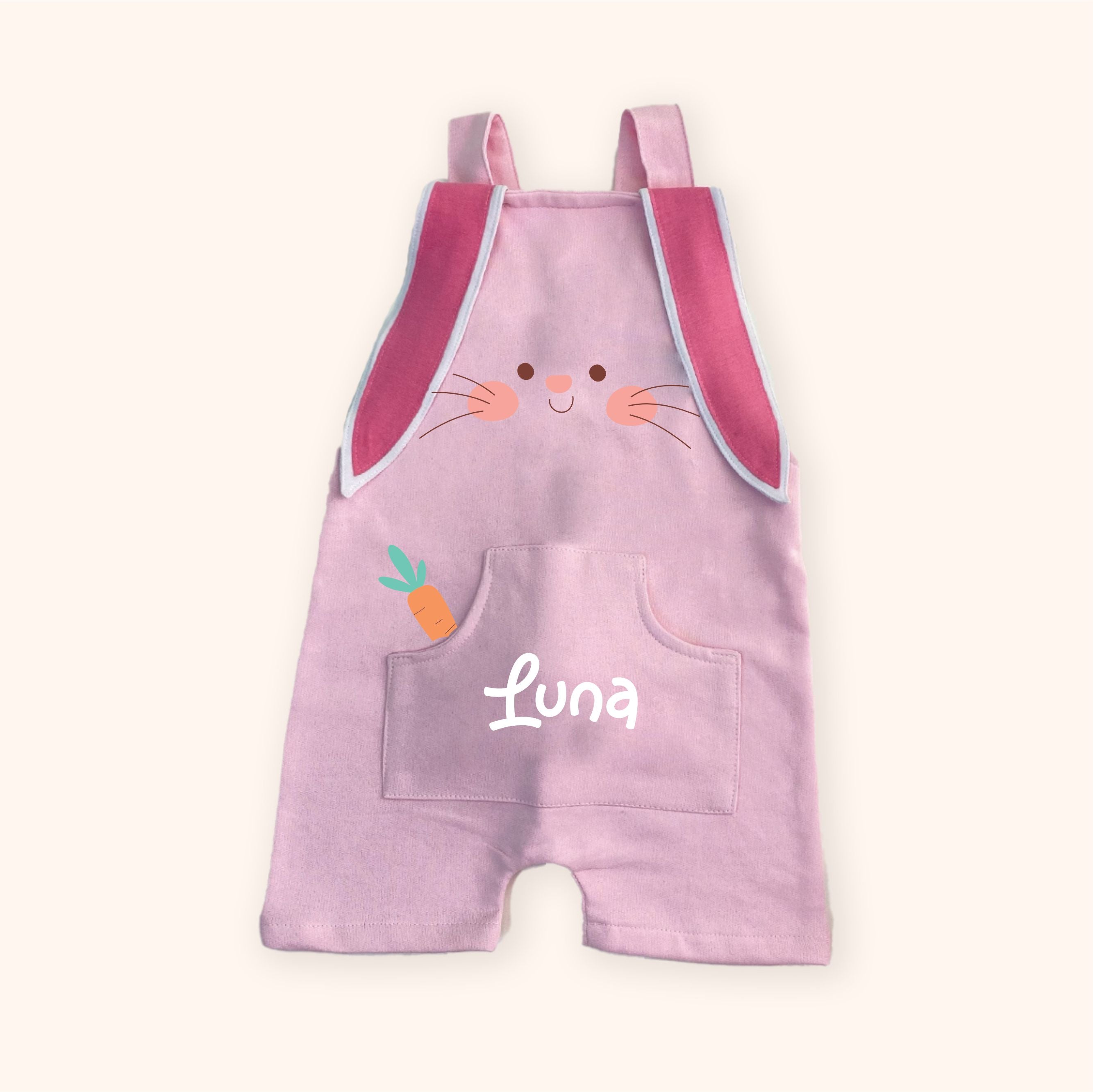 Jardineira Rosa Personalizada - Coelho Bunny com Nome