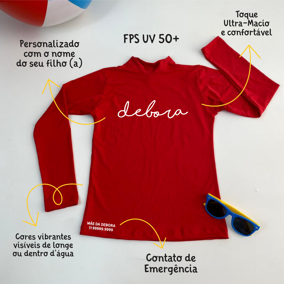 Camisa UV Vermelha Personalizada - De 0 a 16 Anos