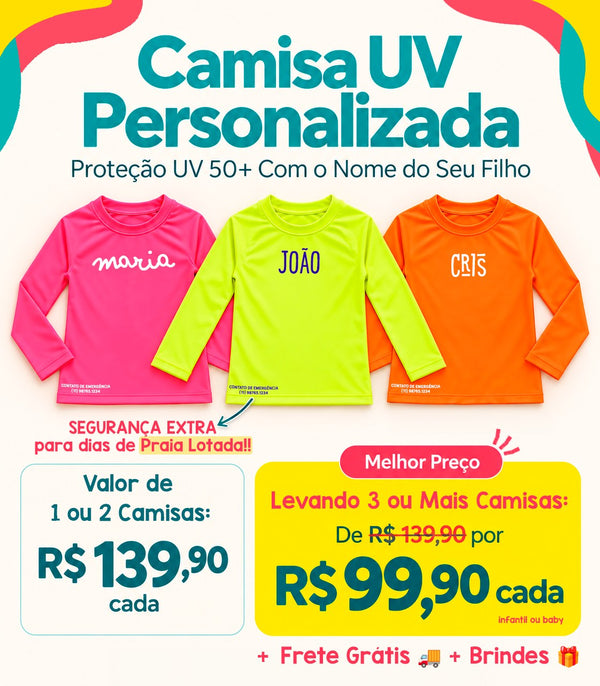 Camisa UV personalizada: 1 ou 2 camisas R$ 139,90 cada; levando 3 ou mais, R$ 99,90 cada
