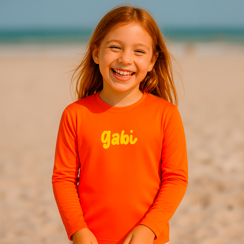 Camisa UV Laranja Personalizada - De 0 a 12 anos