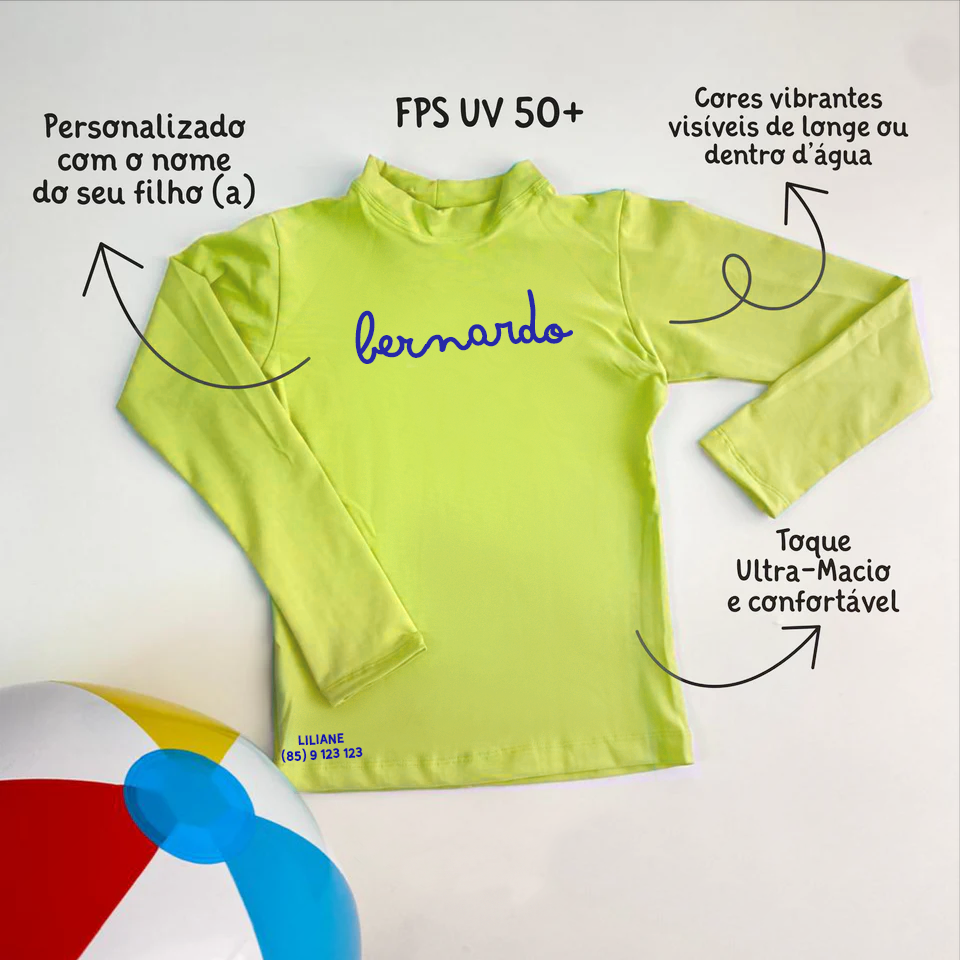 Camisa UV Amarela Neon Personalizada - De 0 a 16 Anos