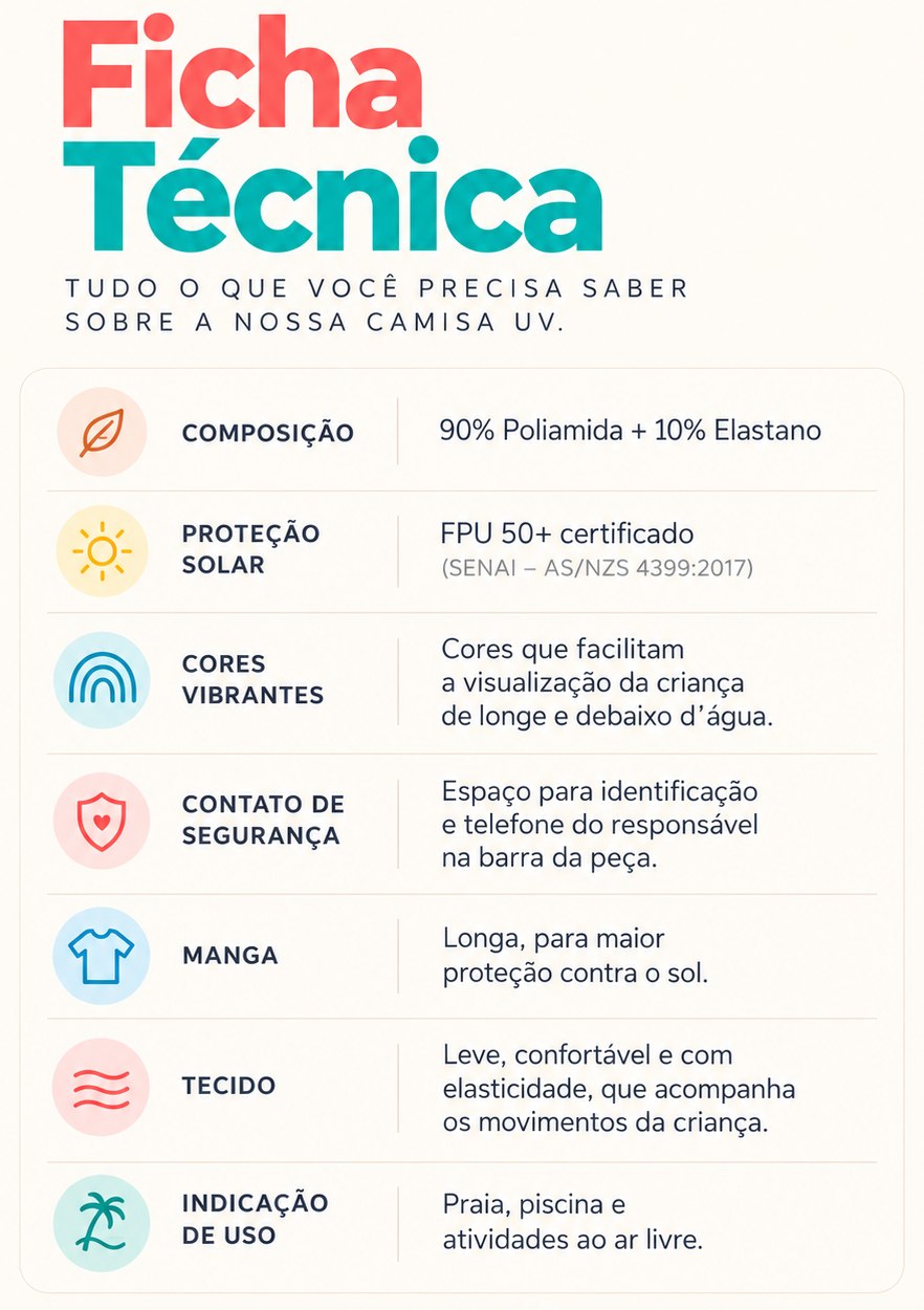 Ficha técnica da Camisa UV: 90% poliamida e 10% elastano, FPU 50+ certificado, cores vibrantes, contato de segurança, manga longa, tecido leve, para praia, piscina e atividades ao ar livre.
